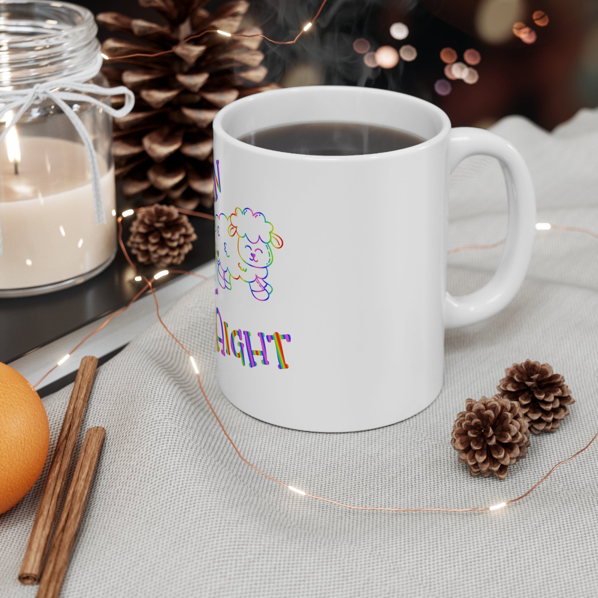 Ceramic Mug — "I Can't Even Think Straight" Rainbow Sheep Coffee Cup (11oz, 15oz)