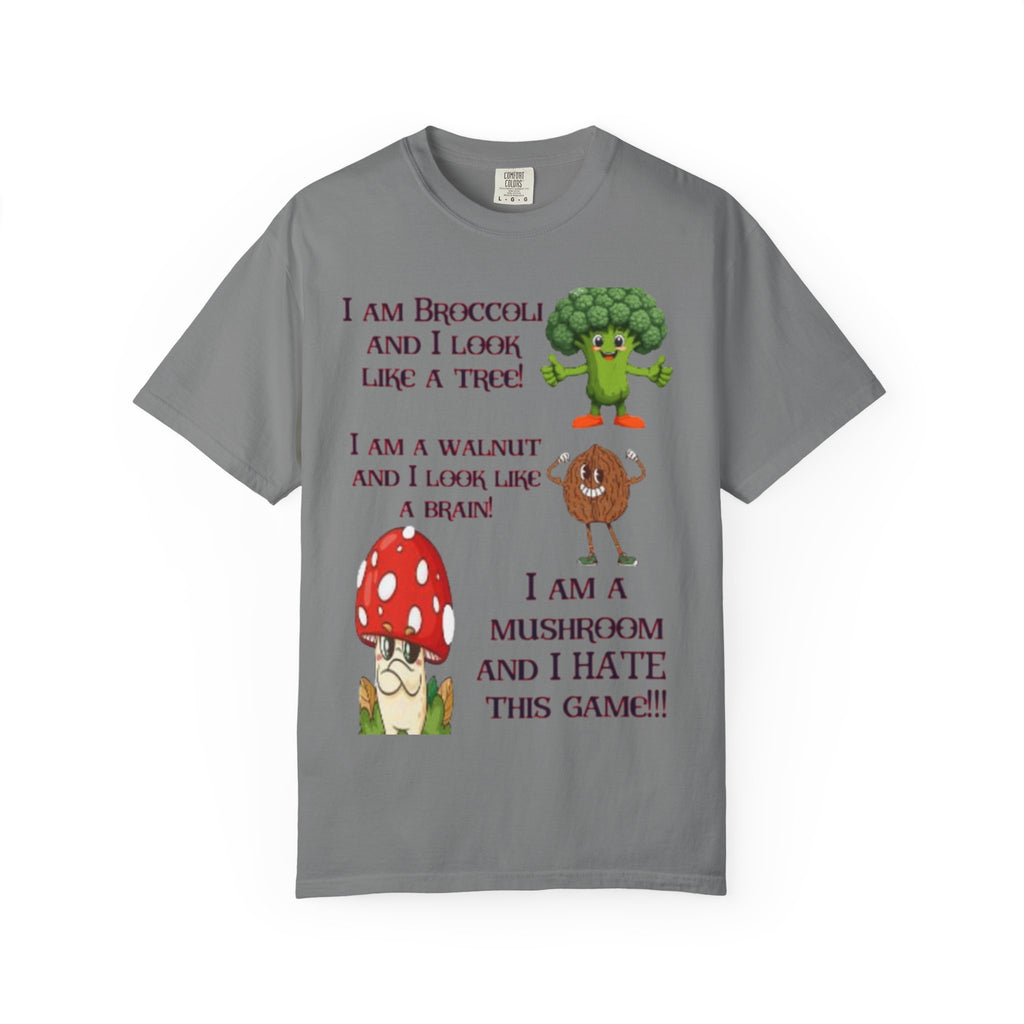 Funny Vegetable & Mushroom Graphic T-Shirt — "I am Broccoli... I am a Mushroom and I Hate This Game!"